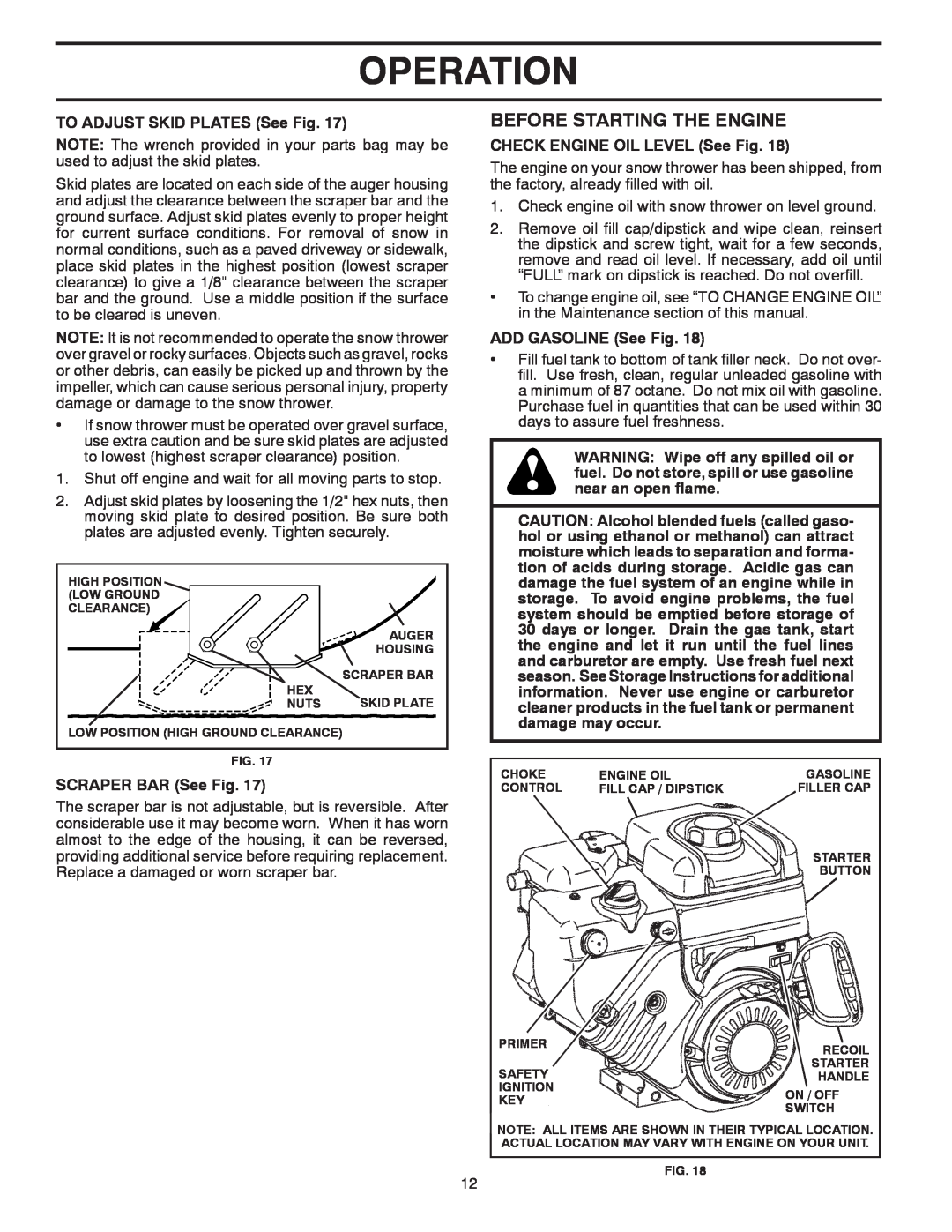 Poulan 421916 owner manual Before Starting The Engine, Operation, TO ADJUST SKID PLATES See Fig, SCRAPER BAR See Fig 