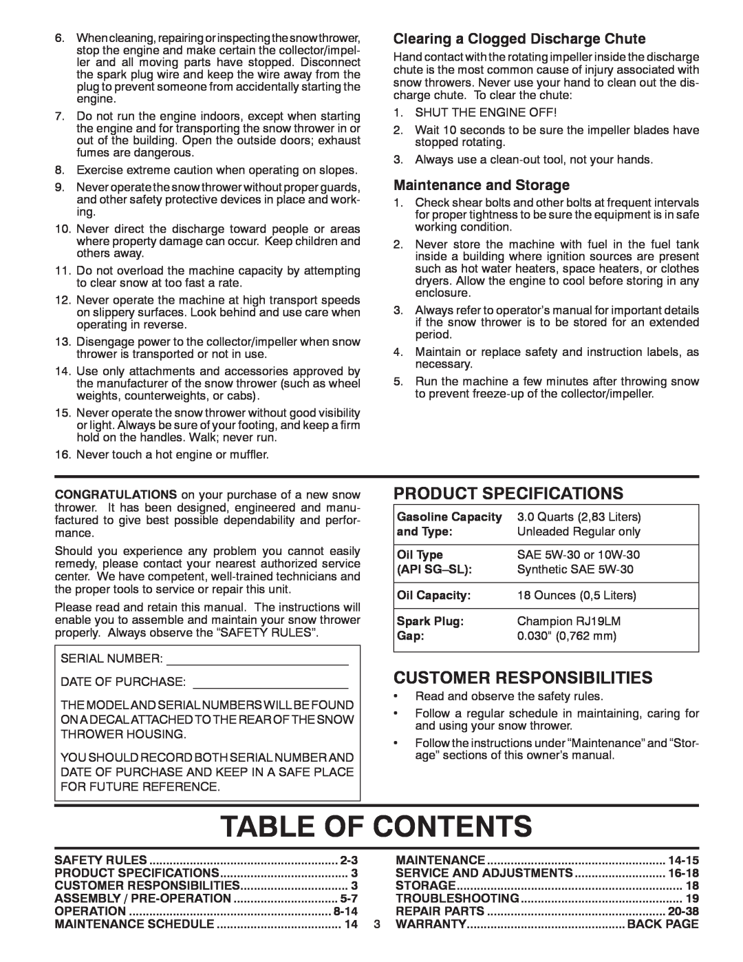 Poulan 421916 Table Of Contents, Product Specifications, Customer Responsibilities, Clearing a Clogged Discharge Chute 
