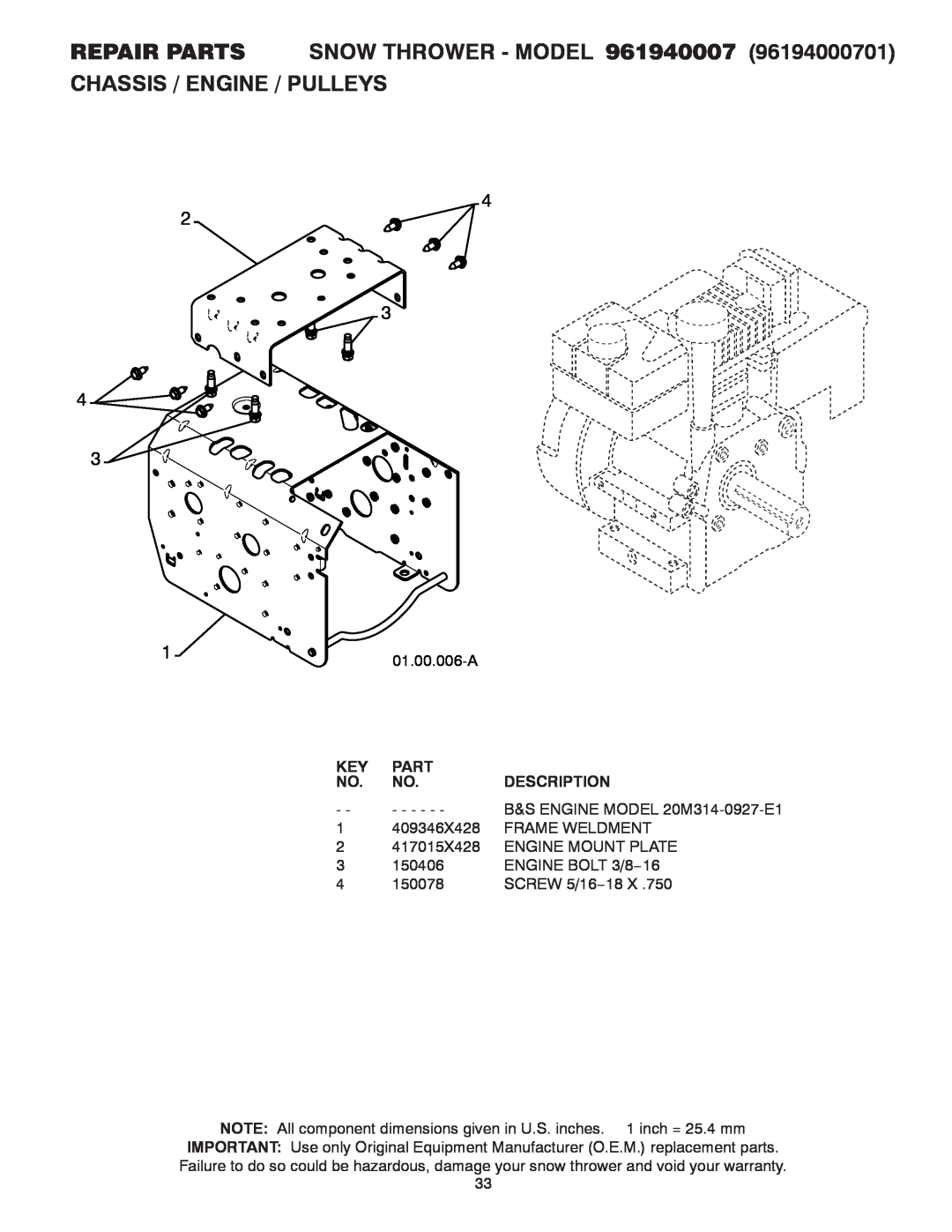 Poulan 421916 owner manual 3 43, 01.00.006-A, Part, Description, B&S ENGINE MODEL 20M314-0927-E1 