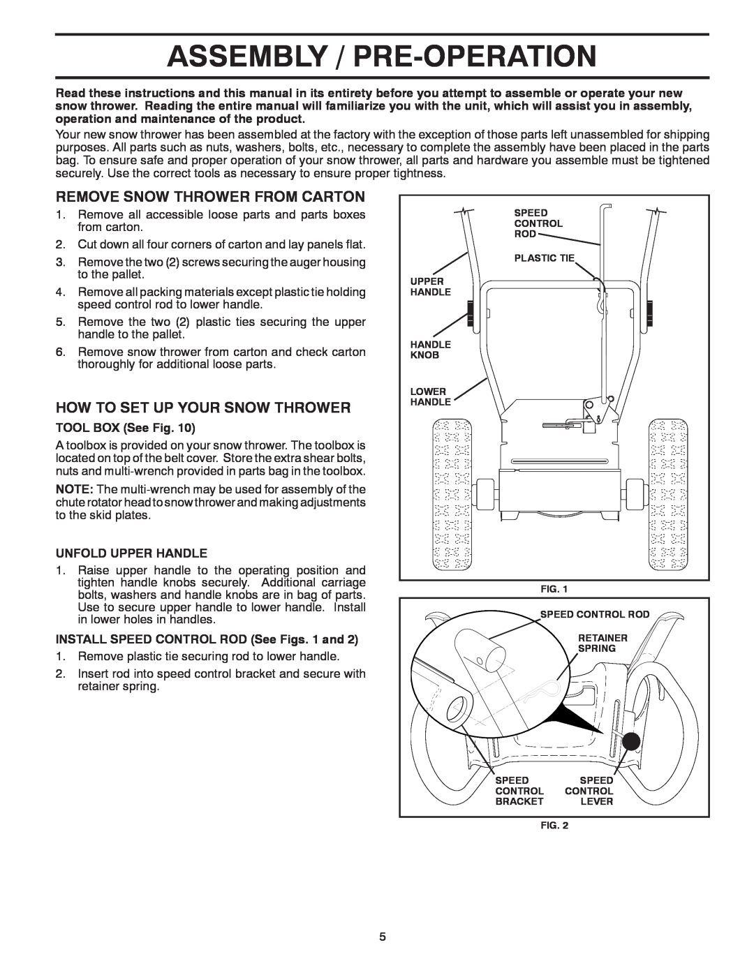 Poulan 421916 owner manual Assembly / Pre-Operation, Remove Snow Thrower From Carton, How To Set Up Your Snow Thrower 