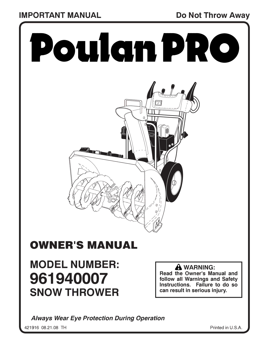 Poulan 421916 owner manual Model Number, Snow Thrower 