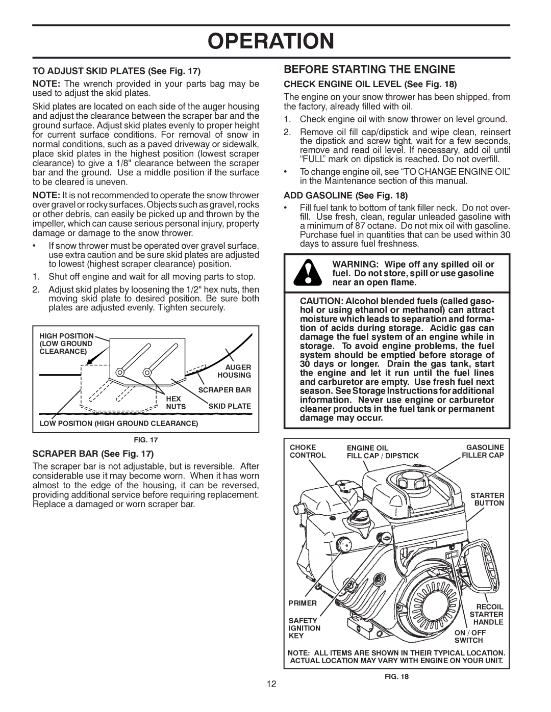 Poulan 421916 Before Starting the Engine, To Adjust Skid Plates See Fig, Scraper BAR See Fig, ADD Gasoline See Fig 