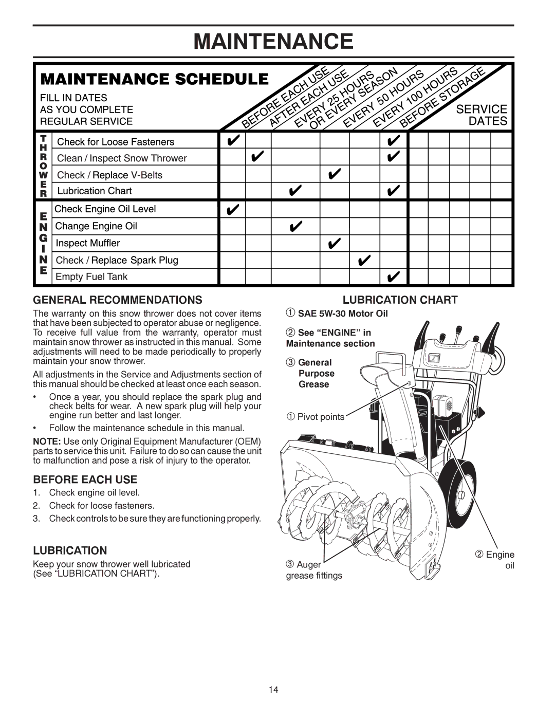 Poulan 421916 owner manual Maintenance, General Recommendations, Before Each USE, Lubrication 