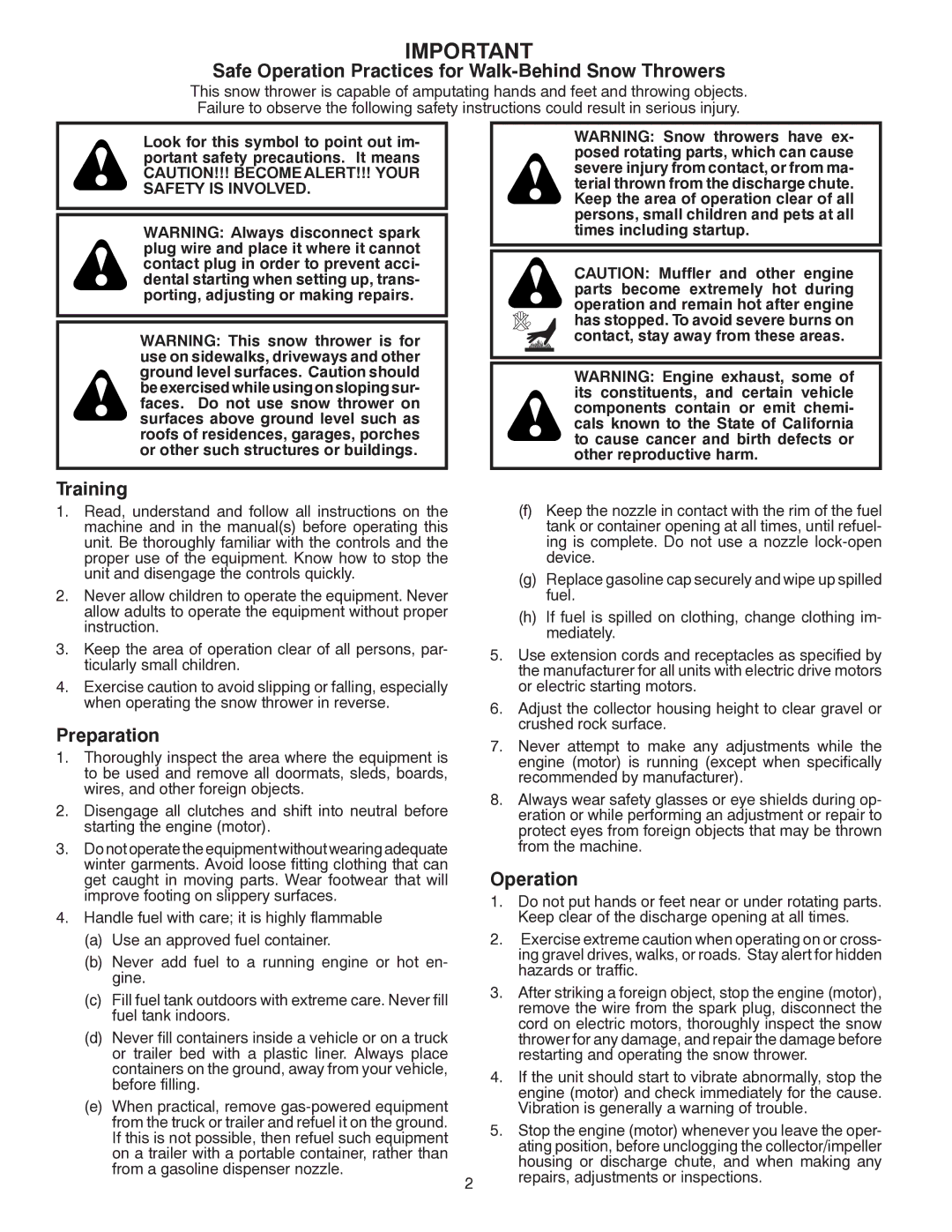 Poulan 421916 owner manual Safe Operation Practices for Walk-Behind Snow Throwers 