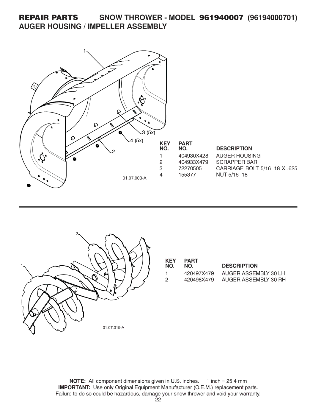 Poulan 421916 owner manual Auger Housing, Scrapper BAR, Auger Assembly 30 LH, Auger Assembly 30 RH 