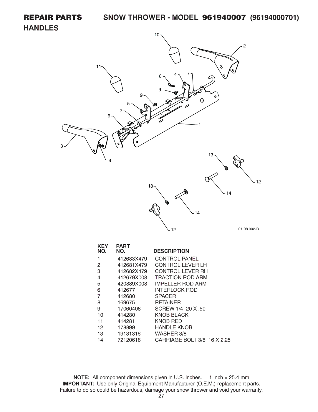 Poulan 421916 owner manual Spacer, Knob RED, Handle Knob, Washer 3/8 