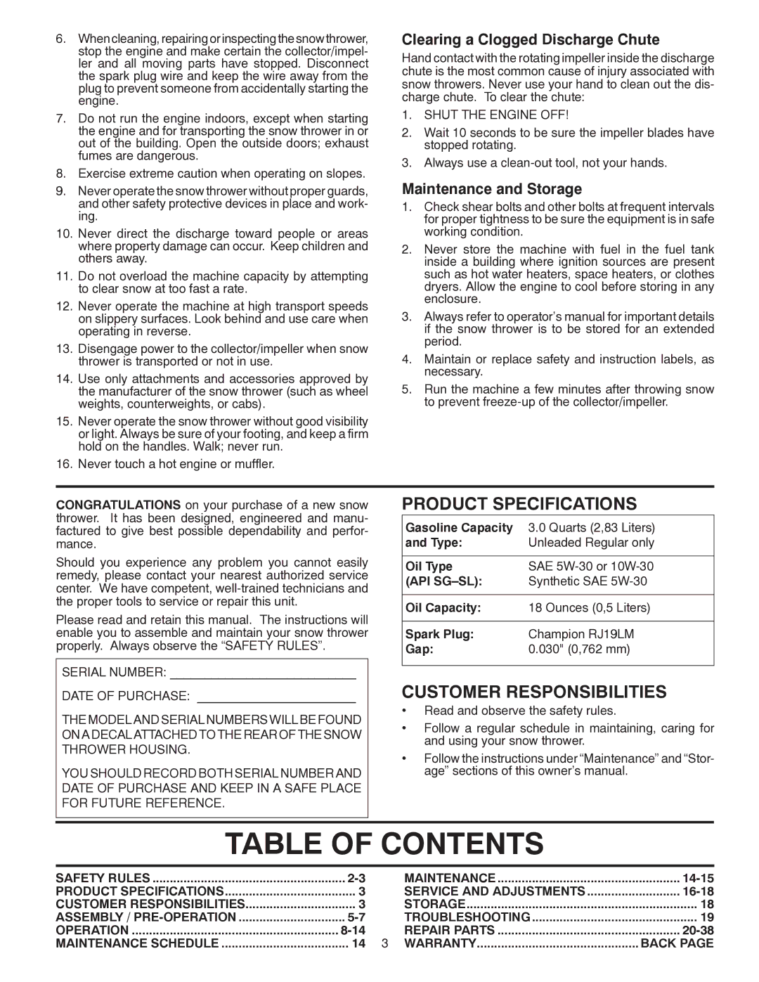 Poulan 421916 owner manual Table of Contents 