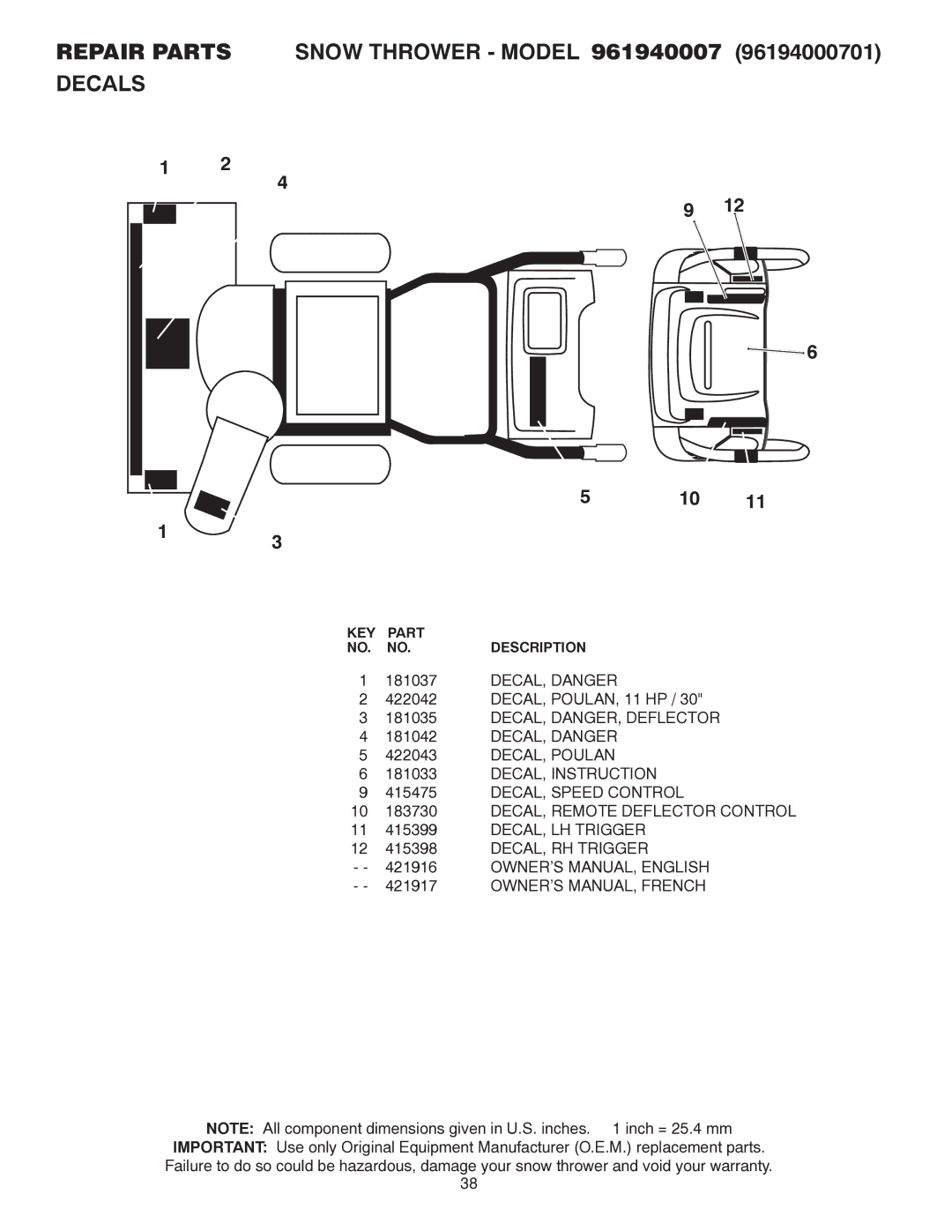 Poulan 421916 owner manual 181037, DECAL, Danger 