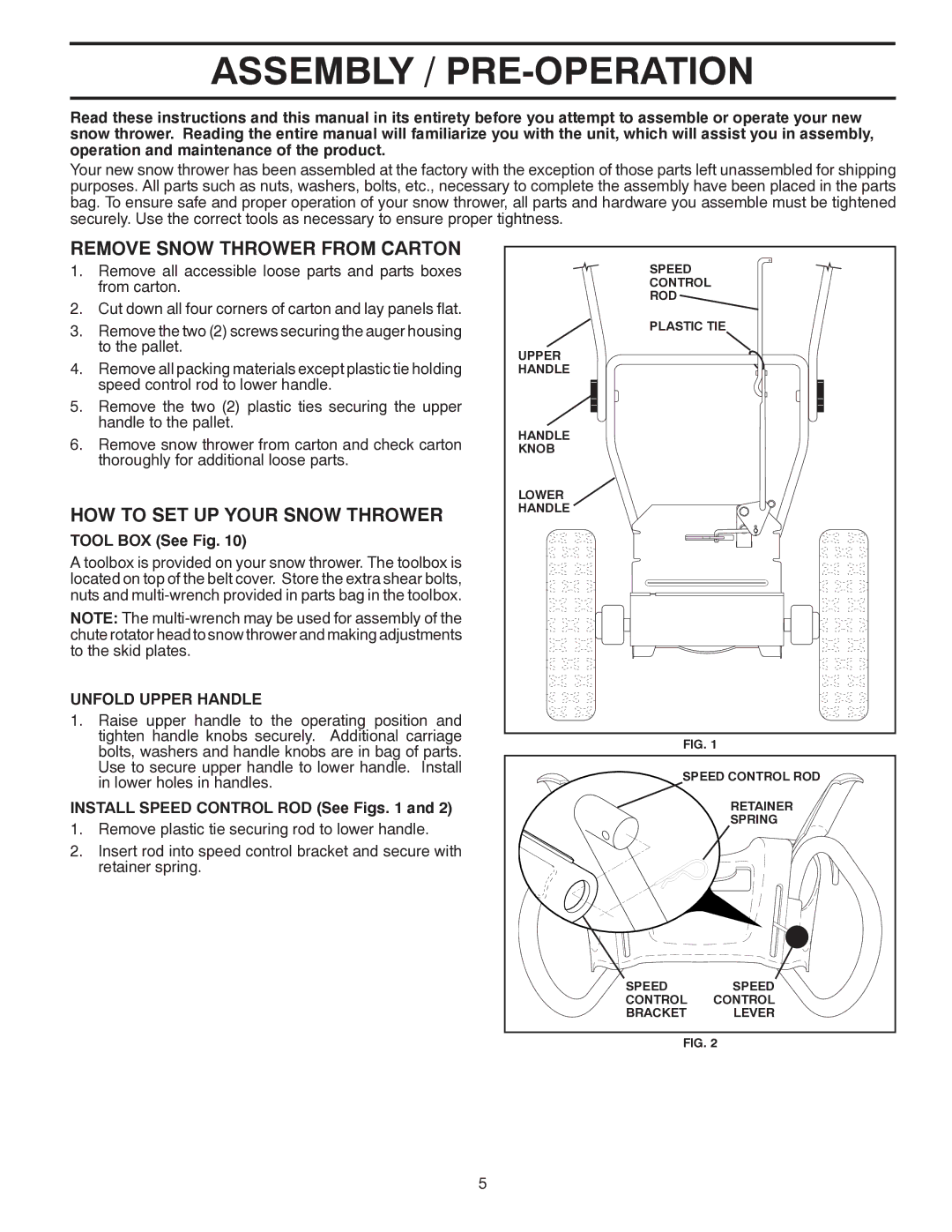 Poulan 421916 owner manual Assembly / PRE-OPERATION, Remove Snow Thrower from Carton, HOW to SET UP Your Snow Thrower 