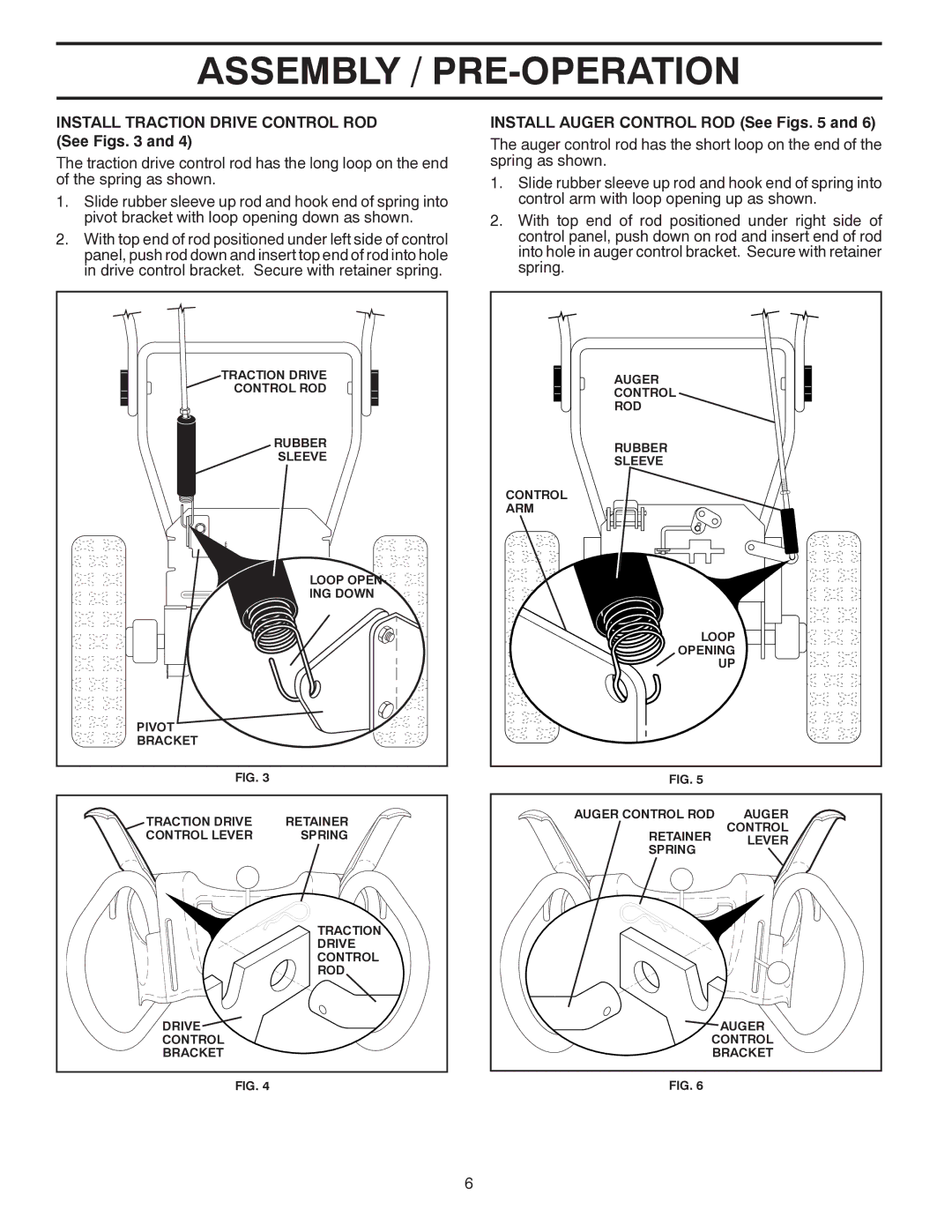 Poulan 421916 owner manual Install Traction Drive Control ROD See Figs, Install Auger Control ROD See Figs 