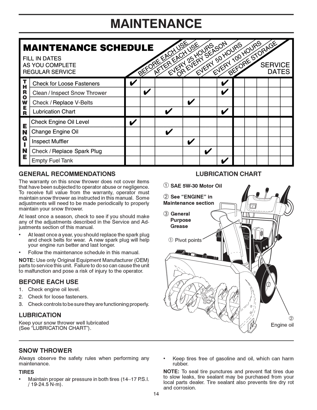 Poulan 422088, 96192002402 owner manual Maintenance, General Recommendations, Before Each USE, Lubrication, Snow Thrower 