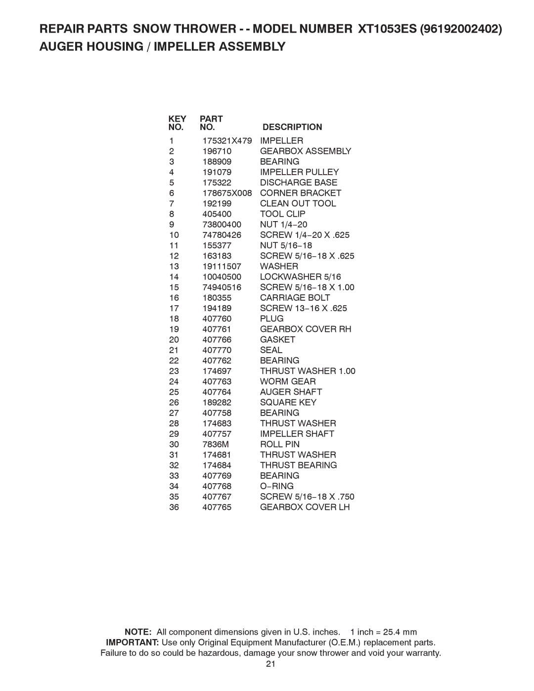 Poulan 96192002402, 422088 owner manual KEY Part Description 