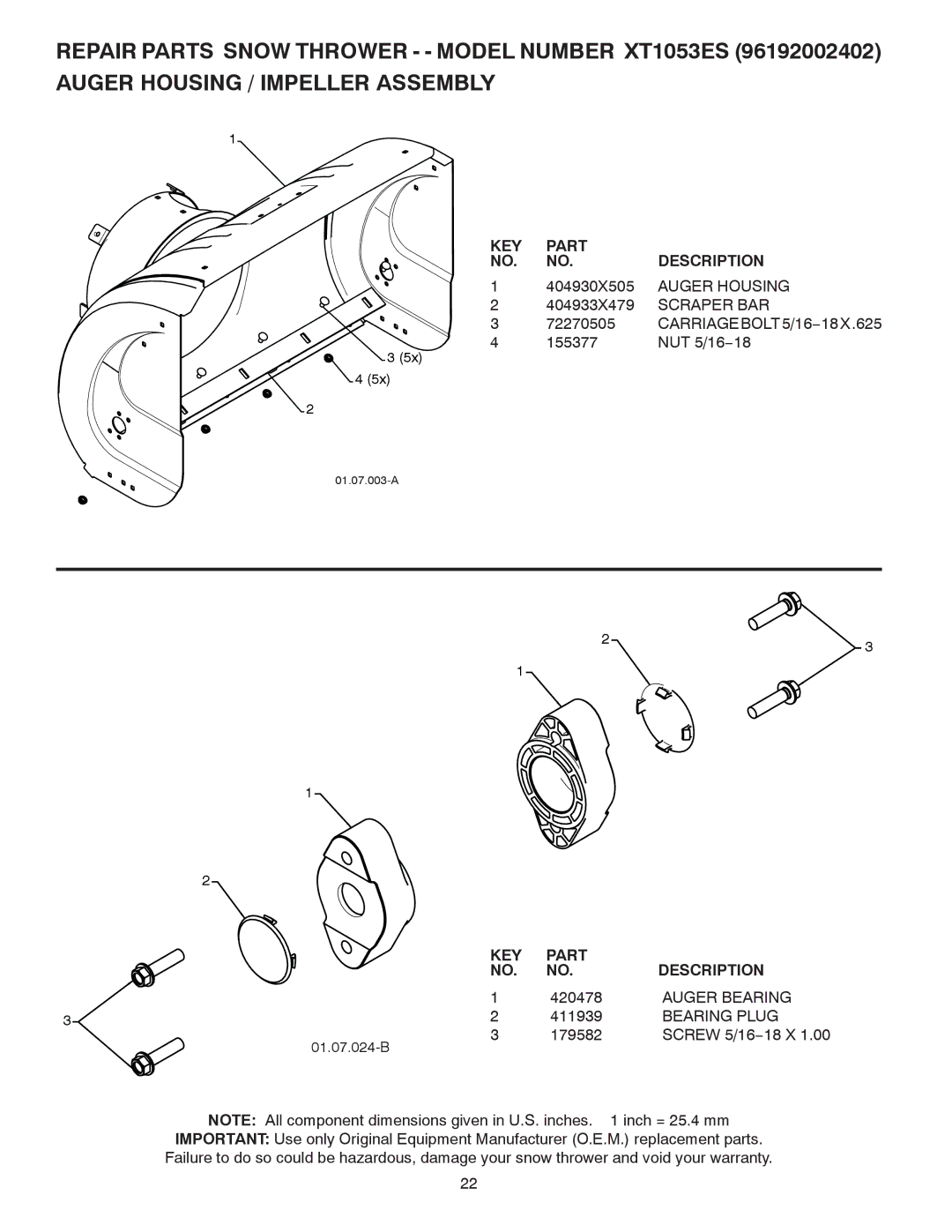 Poulan 422088, 96192002402 owner manual Auger Housing, Scraper BAR, CARRIAGEBOLT5/16−18X.625, Auger Bearing, Bearing Plug 