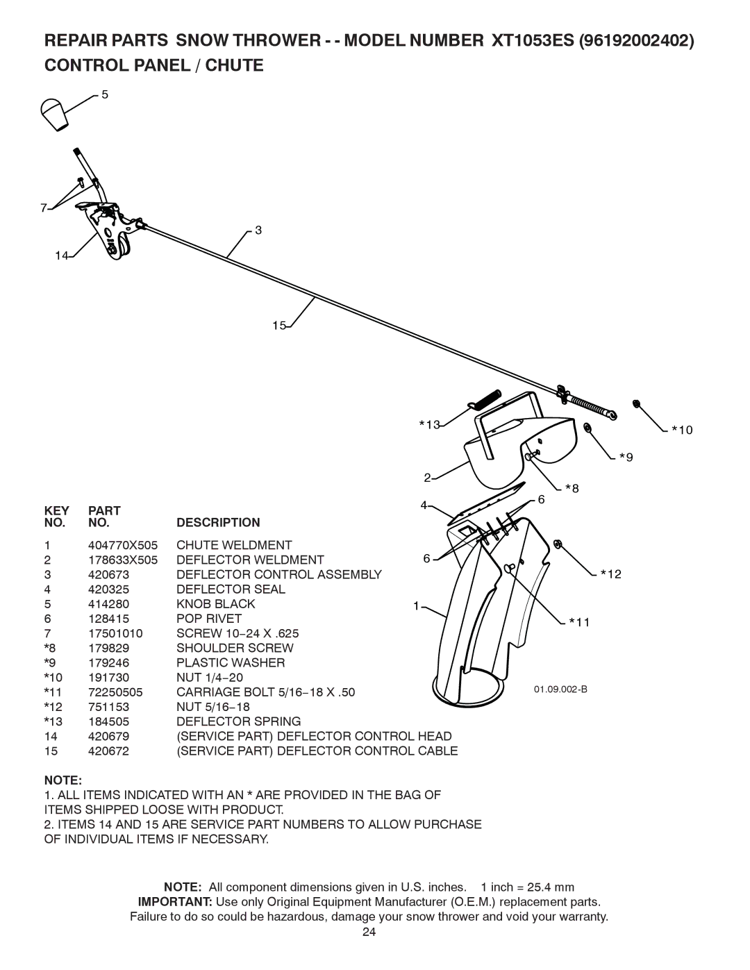 Poulan 422088 Chute Weldment, Deflector Weldment, Deflector Control Assembly, Deflector Seal, Knob Black, POP Rivet 