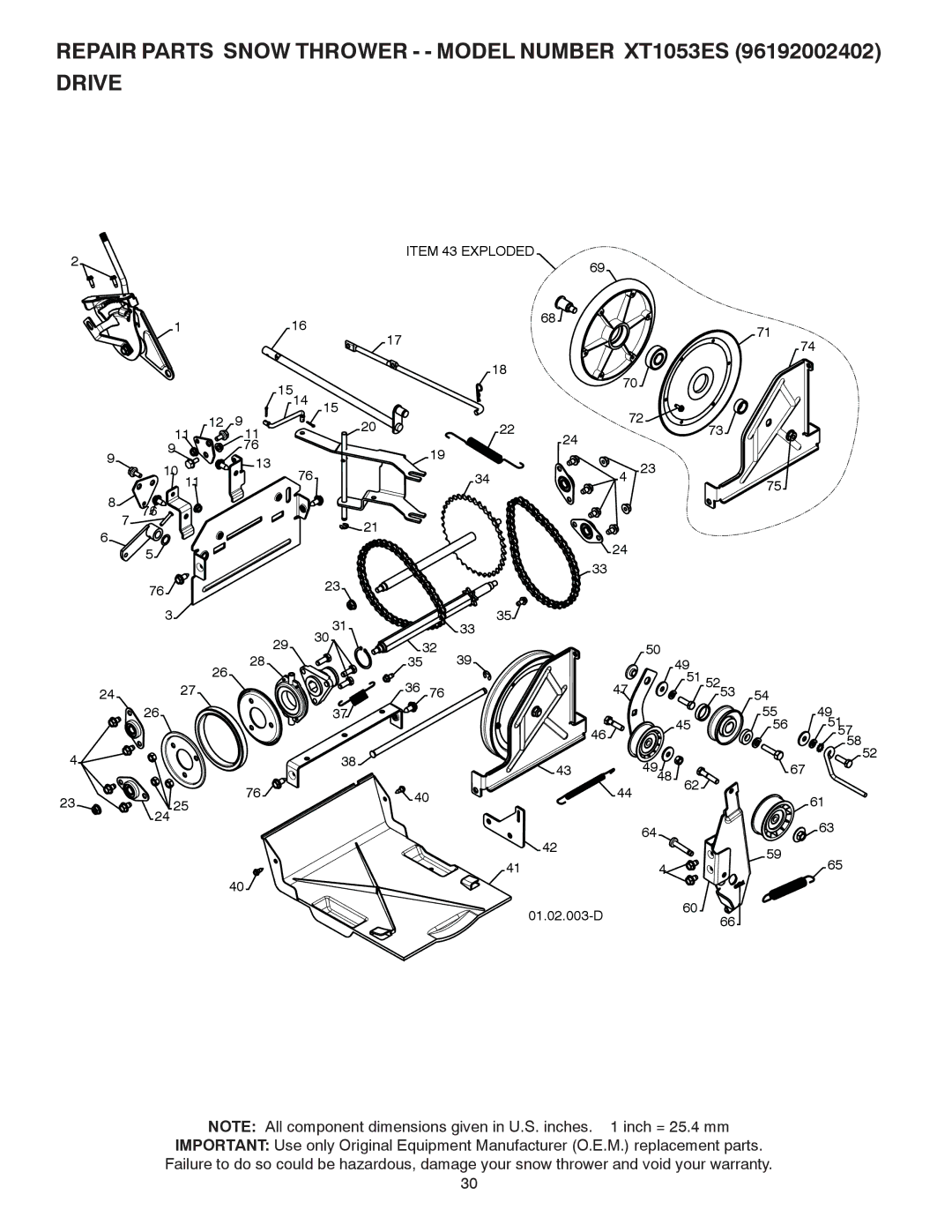 Poulan 422088, 96192002402 owner manual Repair Parts Snow Thrower - Model Number XT1053ES Drive 