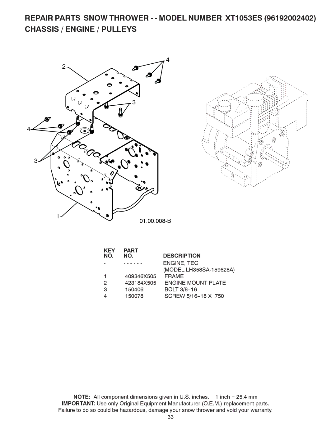 Poulan 96192002402, 422088 KEY Part Description ENGINE, TEC, Model LH358SA-159628A, 423184X505 Engine Mount Plate 