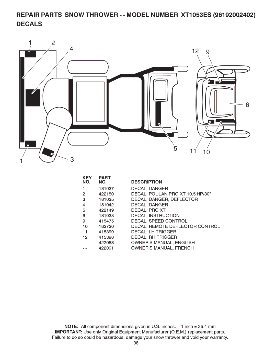 Poulan 422088, 96192002402 owner manual 181037, DECAL, Danger, DECAL, DANGER, Deflector 