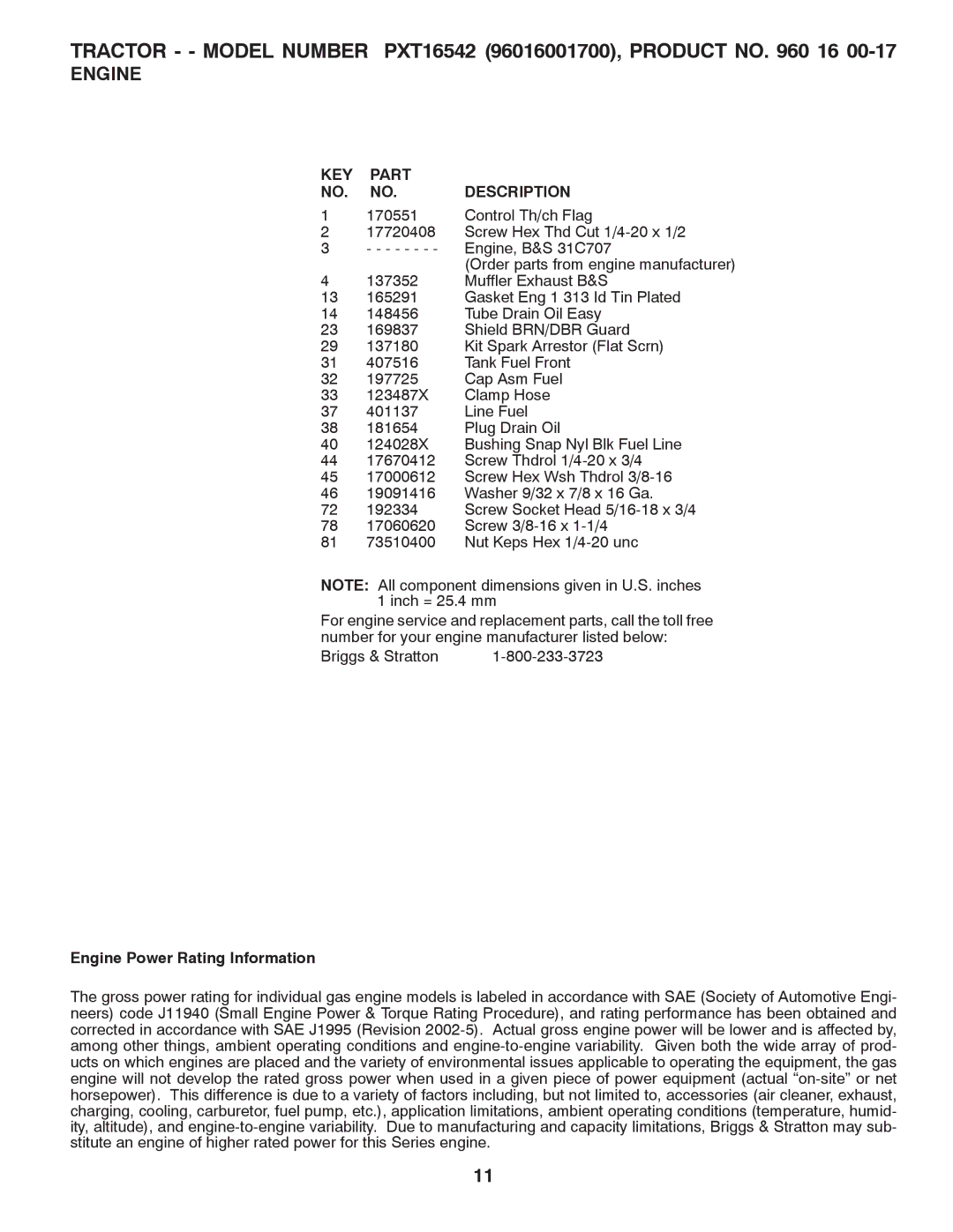 Poulan 423307 manual Engine Power Rating Information 