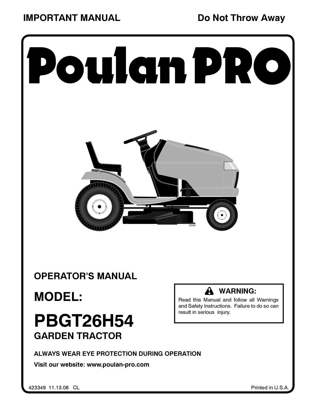 Poulan 423349 manual PBGT26H54, Model 