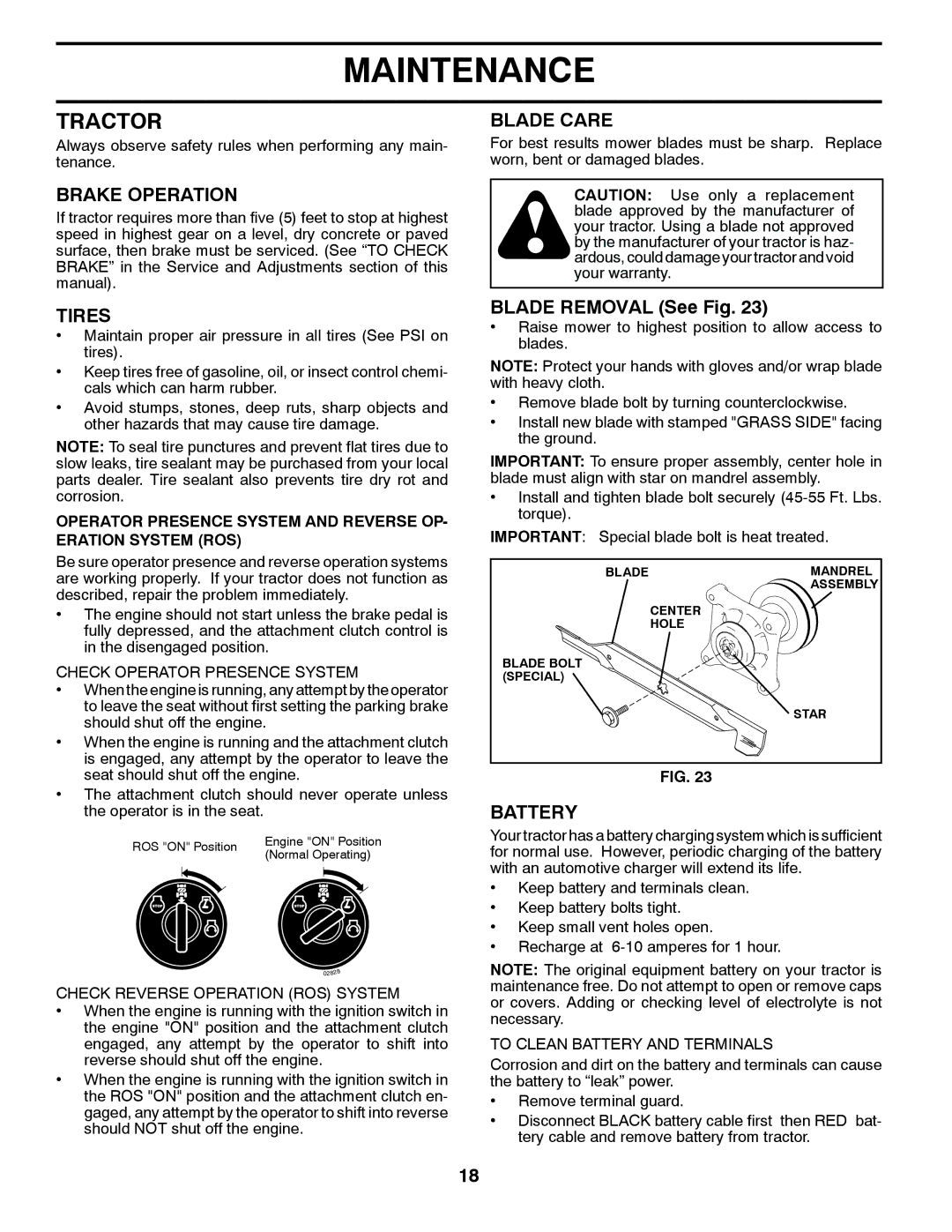 Poulan 423349 manual Tractor, Brake Operation, Tires, Blade Care, Battery 