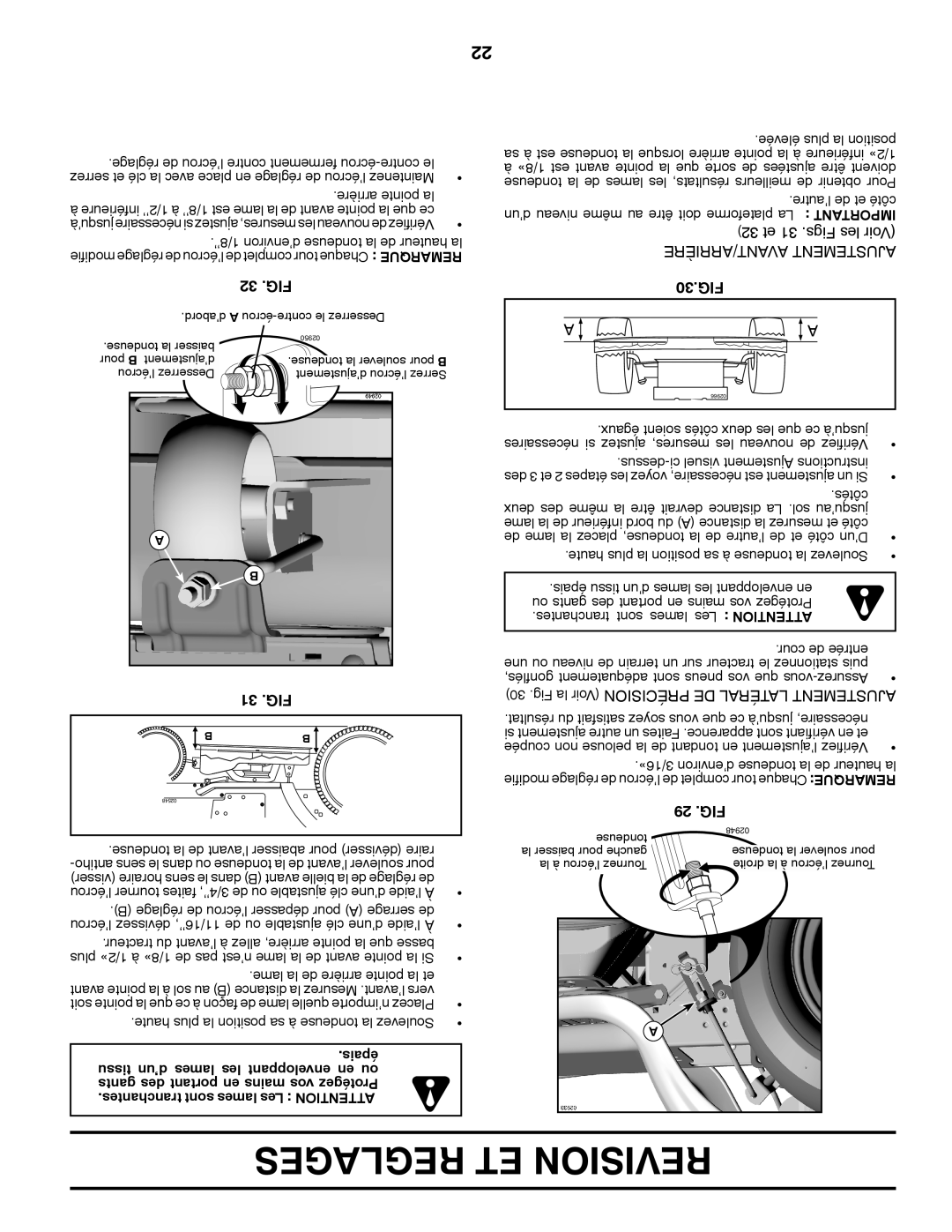 Poulan 423349 manual 32 .FIG, 31 .FIG, AVANT/ARRIÈRE Ajustement, 30.FIG, 29 .FIG 