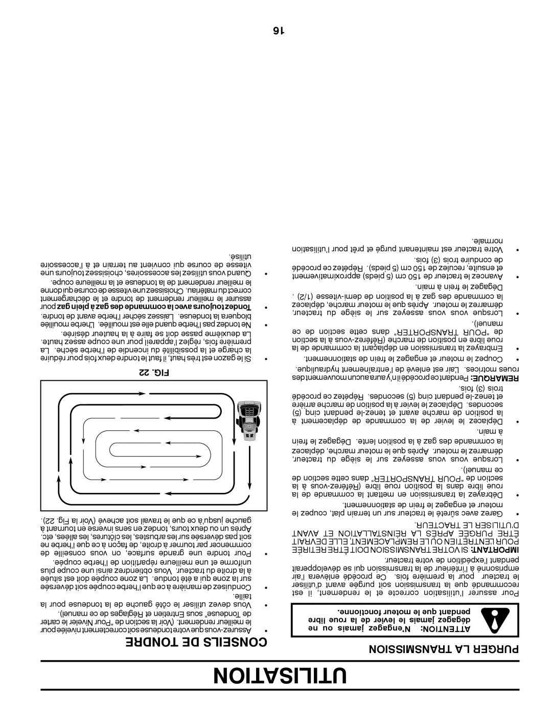 Poulan 423349 manual Utilisation, Tondre DE Conseils, Transmission LA Purger, 22 .FIG 