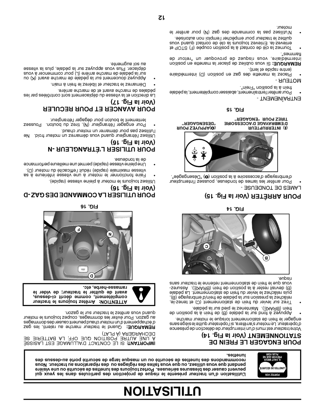 Poulan 423349 Fig la Voir Mentnetionsta DE Frein LE Engager Pour, Reculer Pour ET Avancer Pour, Létrangleur Utiliser Pour 