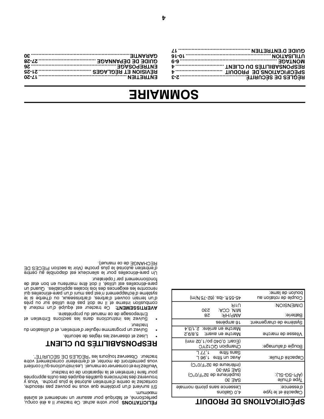 Poulan 423349 manual Sommaire, U1R Dimension, Cca .Min Amp/Hr, Sl-Sg-Api 