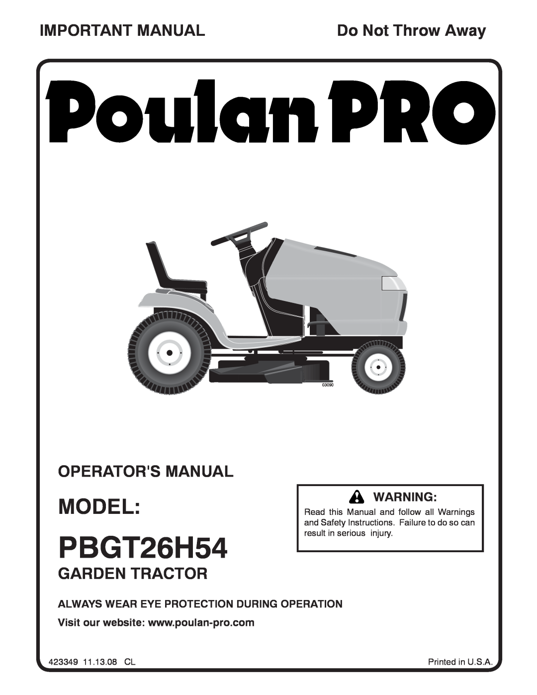 Poulan 423349 manual Model, Important Manual, Operators Manual, Garden Tractor, Do Not Throw Away, PBGT26H54, 03090 