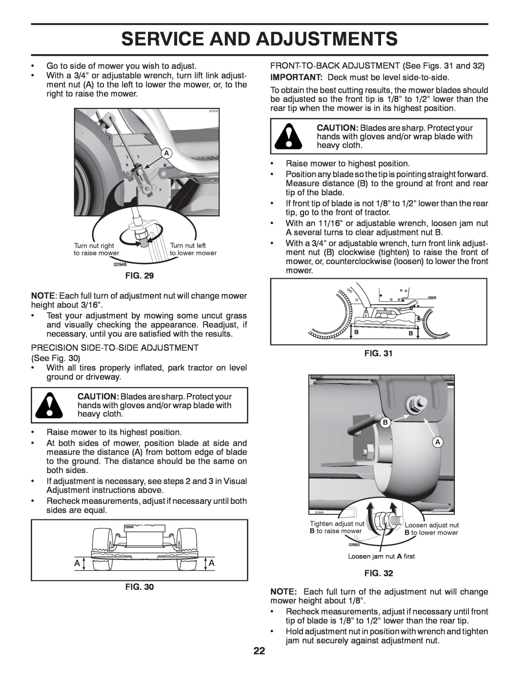 Poulan 423349 manual Service And Adjustments, Turn nut right, Turn nut left, Tighten adjust nut, B to raise mower 