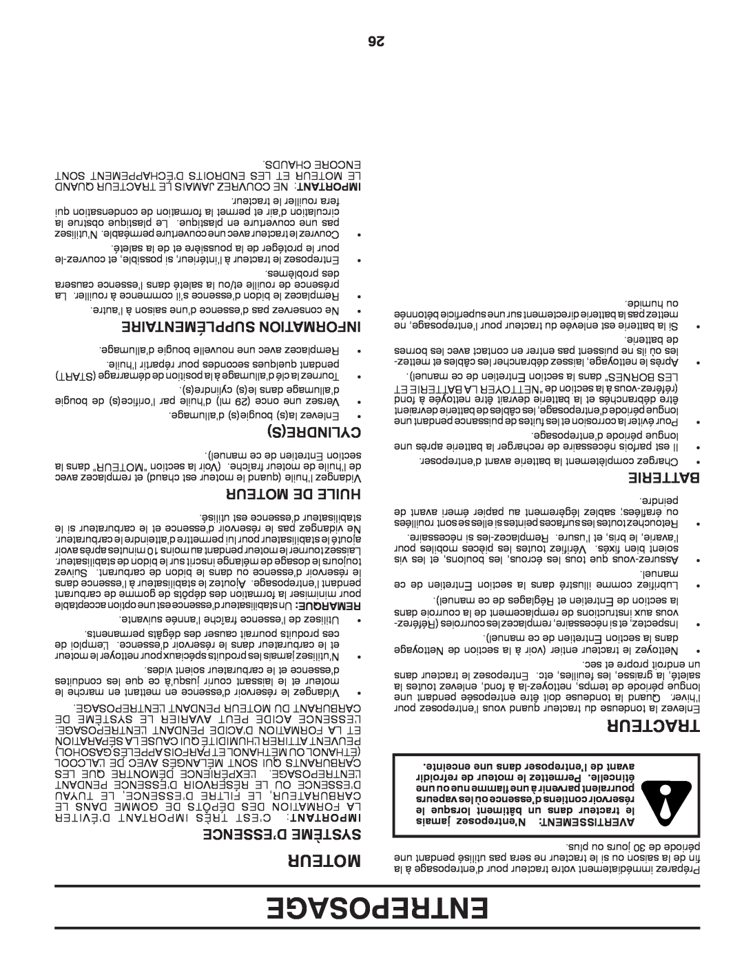 Poulan 423349 manual Entreposage, Tracteur, Supplémentaire Information, Cylindres, Moteur De Huile, D’Essence Système 