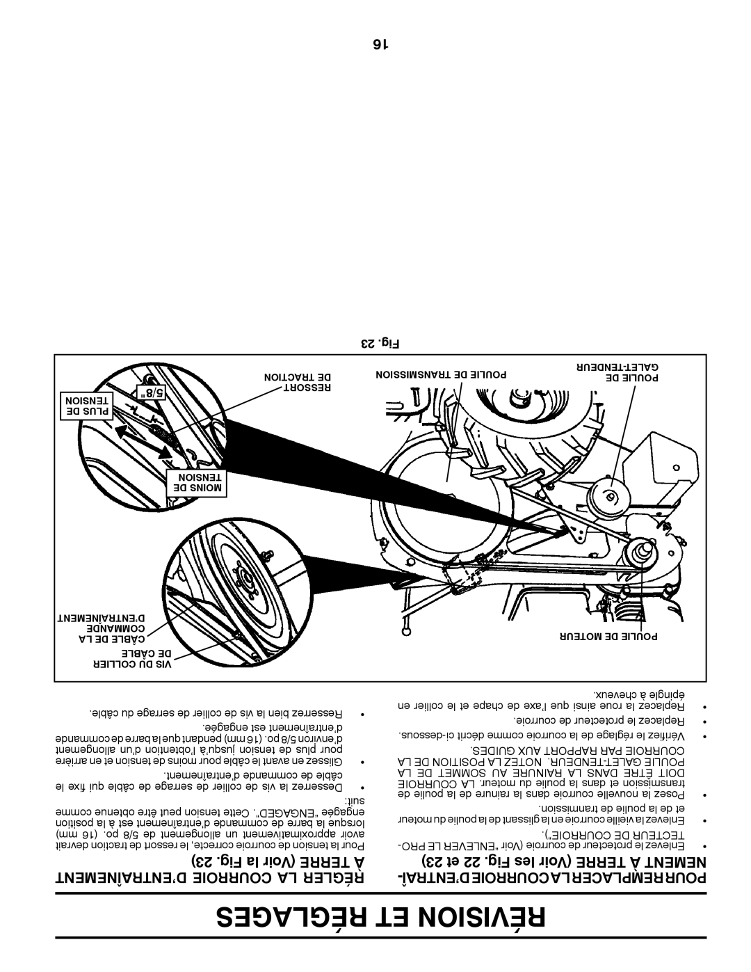Poulan 423813 manual Fig la Voir Terre À 23 et 22 .Fig les Voir Terre À Nement, ’ENTRAÎNEMENT Courroie LA Régler, 23 .Fig 