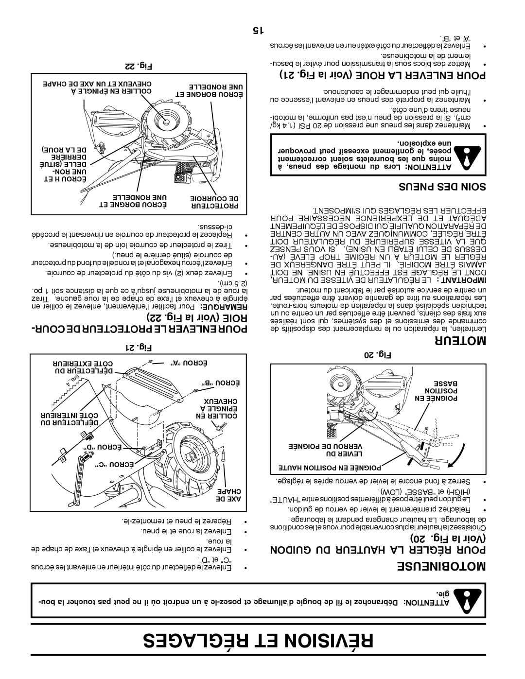 Poulan 423813 manual Fig la Voir Roie, Fig la Voir Roue LA Enlever Pour, Guidon DU Hauteur LA Régler Pour 