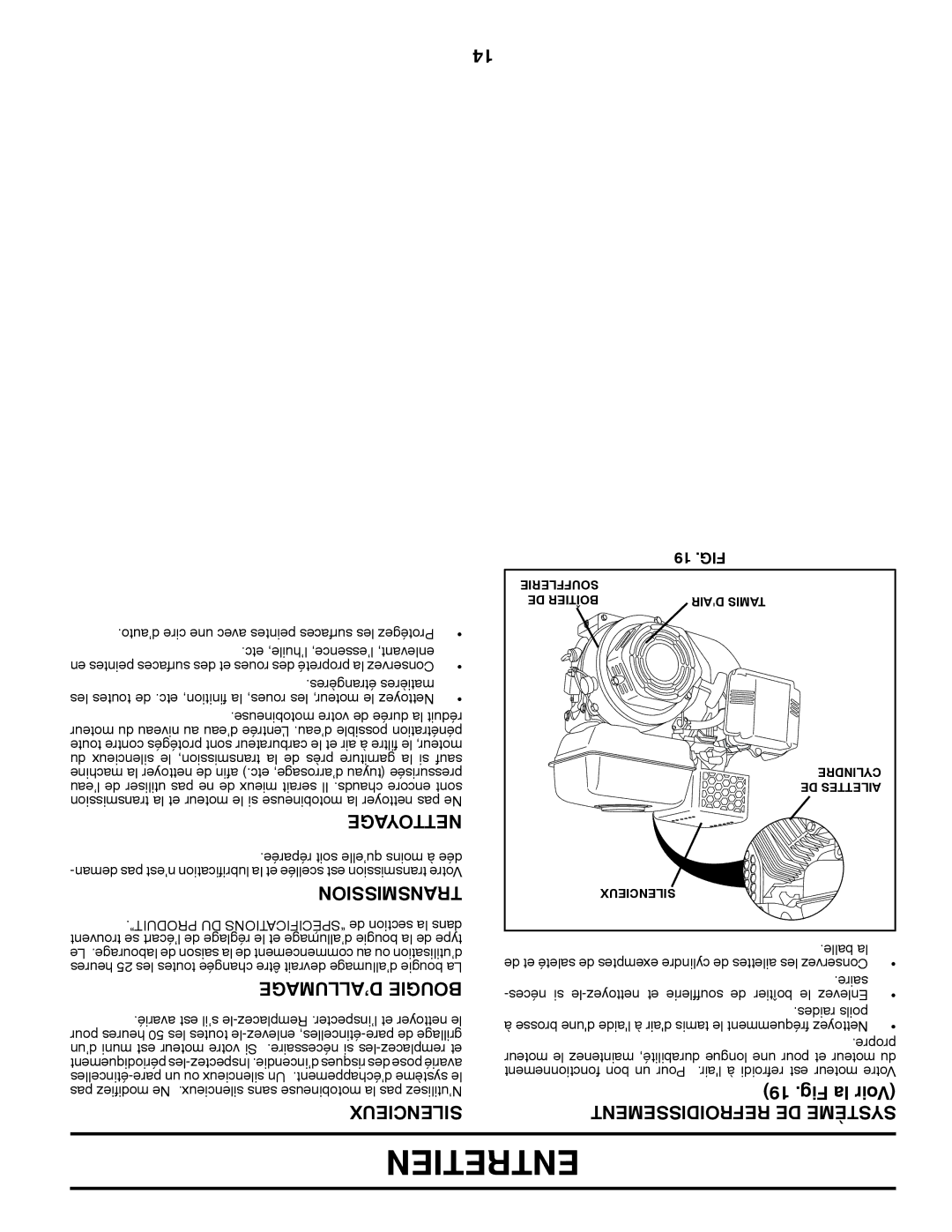 Poulan 423813 manual Entretien, ’ALLUMAGE Bougie, Nettoyage, Silencieux, Refroidissement DE Système 