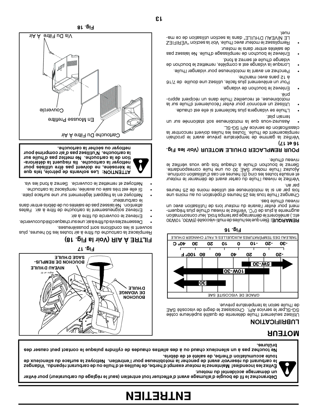 Poulan 423813 manual Moteur, Lubrification 