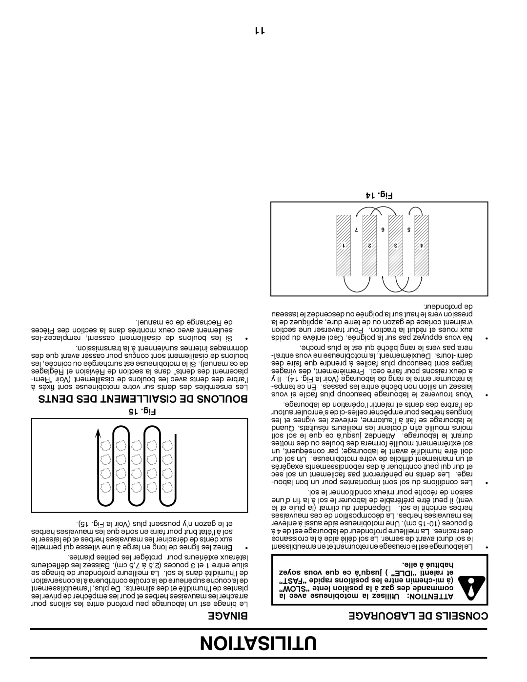 Poulan 423813 manual Utilisation, Binage, Labourage DE Conseils, Dents DES Cisaillement DE Boulons 