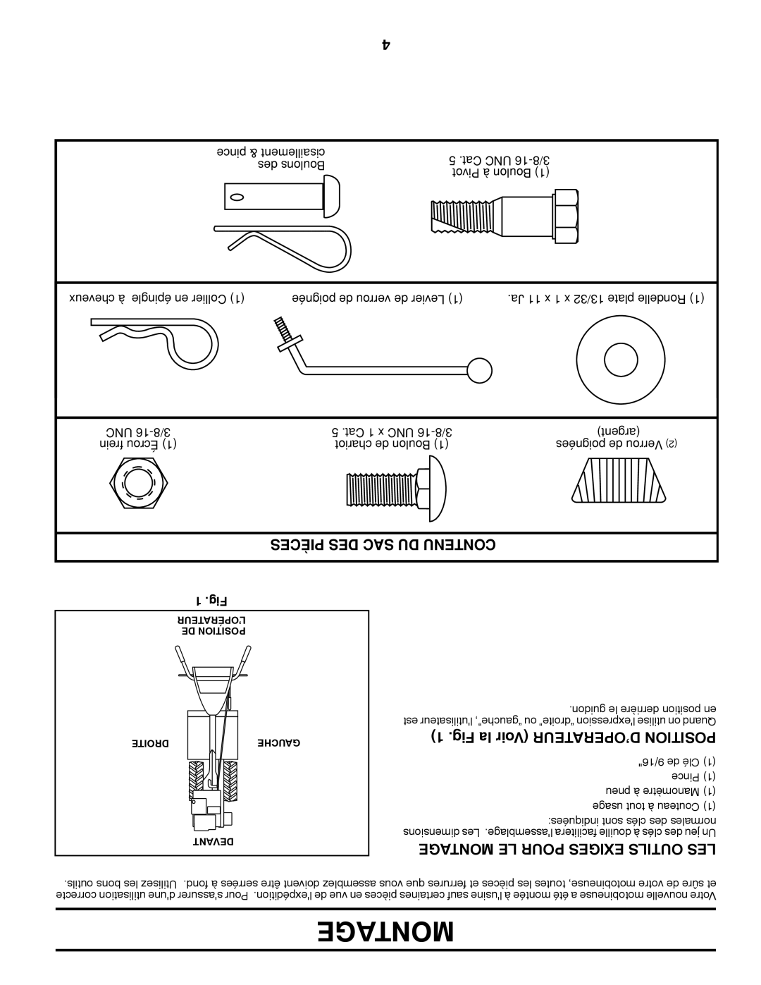 Poulan 423813 manual Pièces DES SAC DU Contenu, Fig la Voir D’OPERATEUR Position, Montage LE Pour Exiges Outils LES 