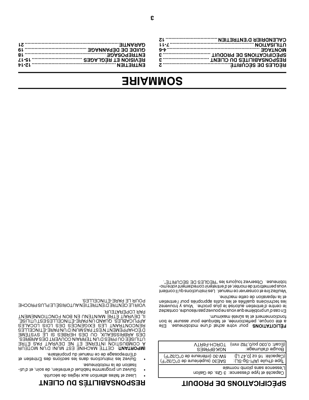 Poulan 423813 manual Sommaire, Client DU Responsabilités, Elle .motobineuse d’une achat votre pour Félicitations 