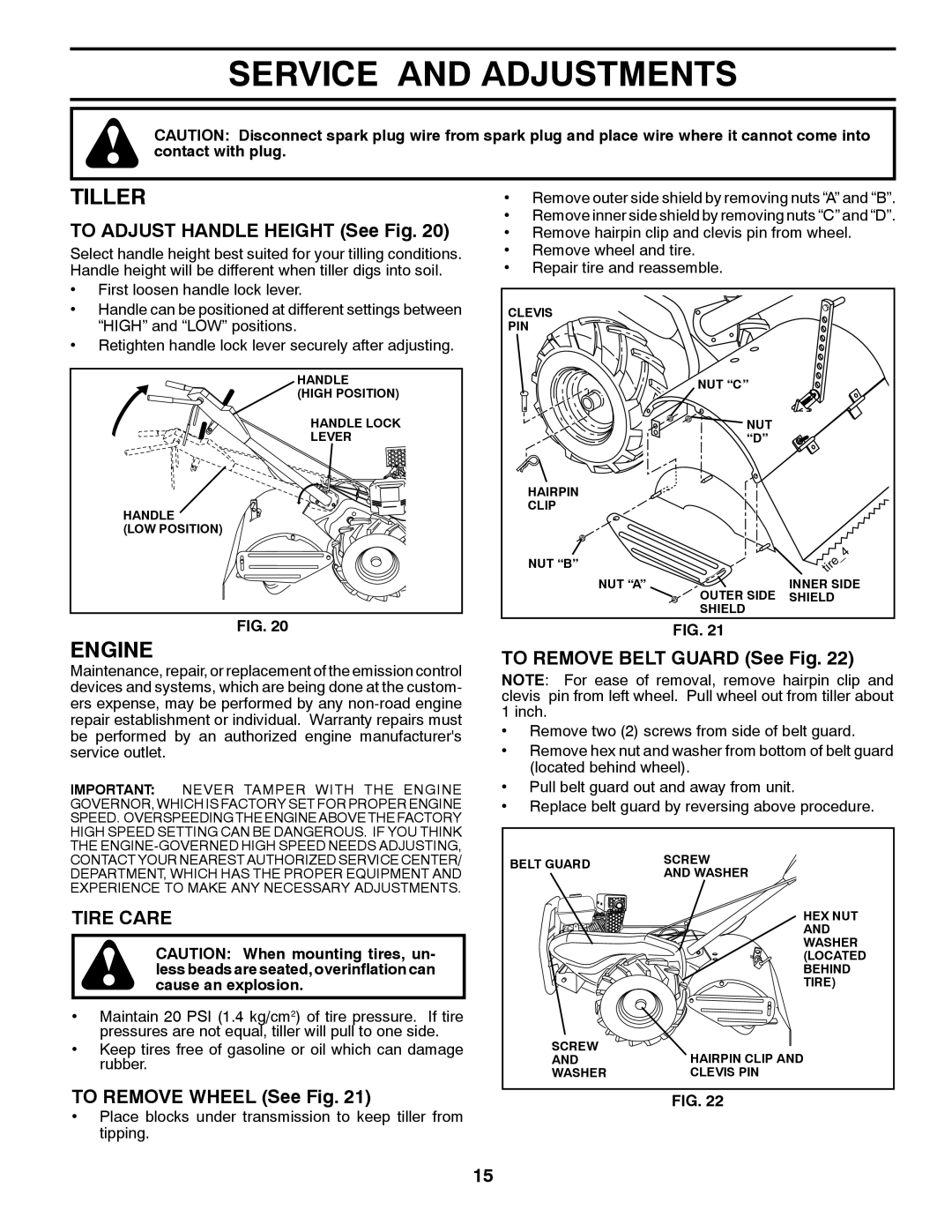 Poulan 423813 Service And Adjustments, Tiller, TO ADJUST HANDLE HEIGHT See Fig, Tire Care, TO REMOVE WHEEL See Fig, Engine 