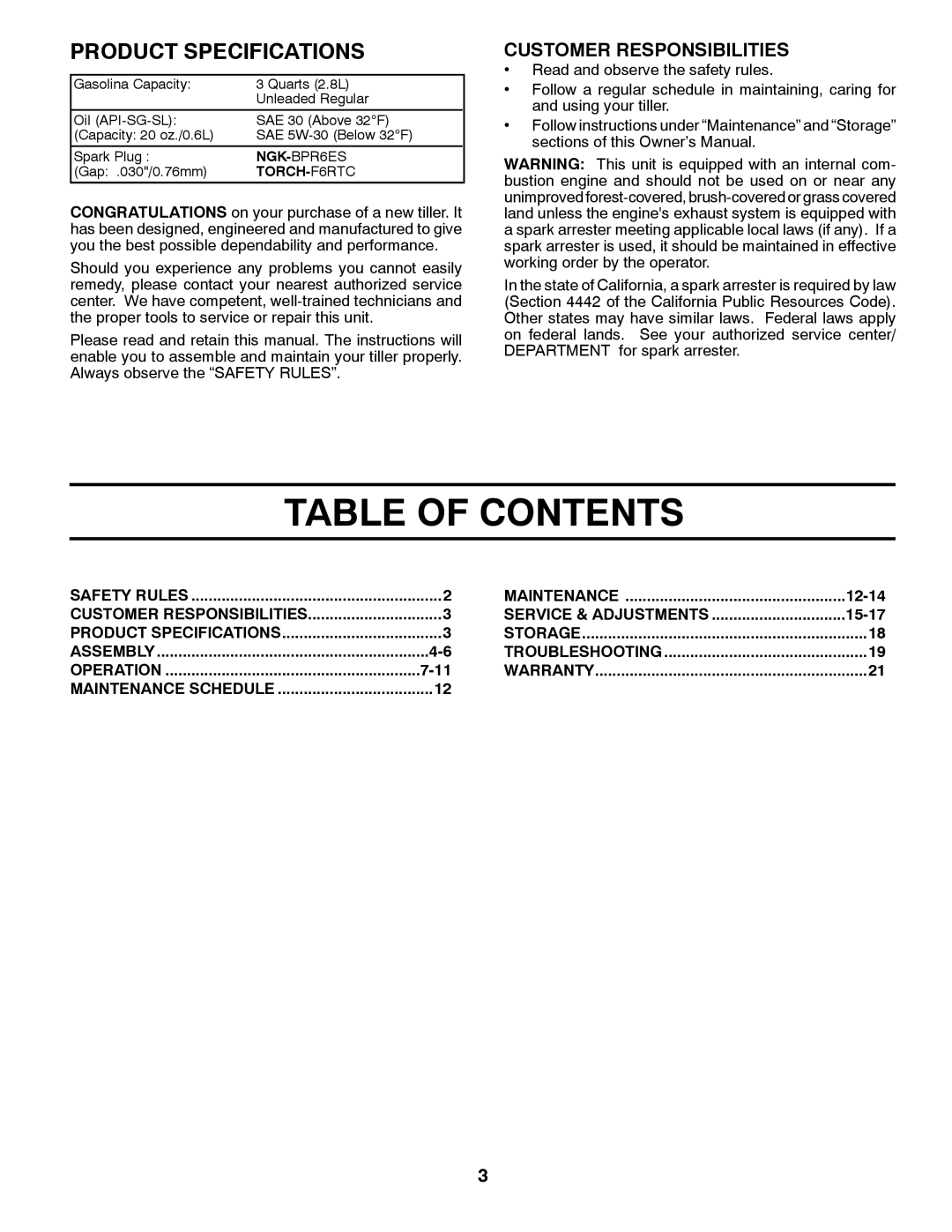 Poulan 423813 manual Table Of Contents, Product Specifications, Customer Responsibilities, 12-14, 15-17, 7-11 