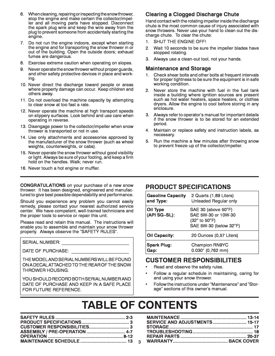 Poulan 424003 Table Of Contents, Product Specifications, Customer Responsibilities, Clearing a Clogged Discharge Chute 