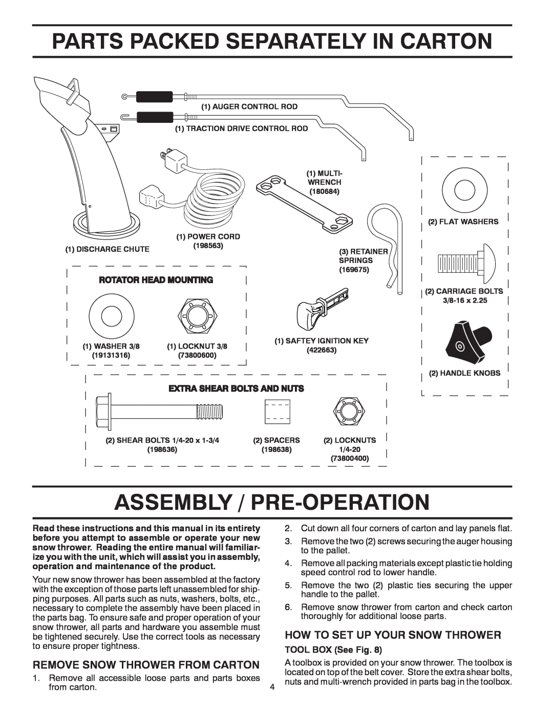 Poulan 424003 owner manual Parts Packed Separately In Carton, Assembly / Pre-Operation, How To Set Up Your Snow Thrower 
