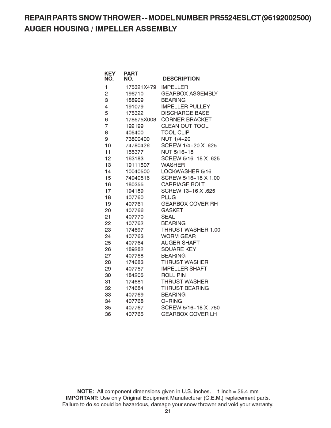 Poulan 424003 owner manual KEY Part Description 