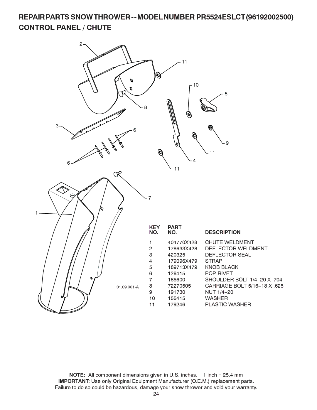 Poulan 424003 Chute Weldment, Deflector Weldment, Deflector Seal, Strap, Knob Black, POP Rivet, Plastic Washer 