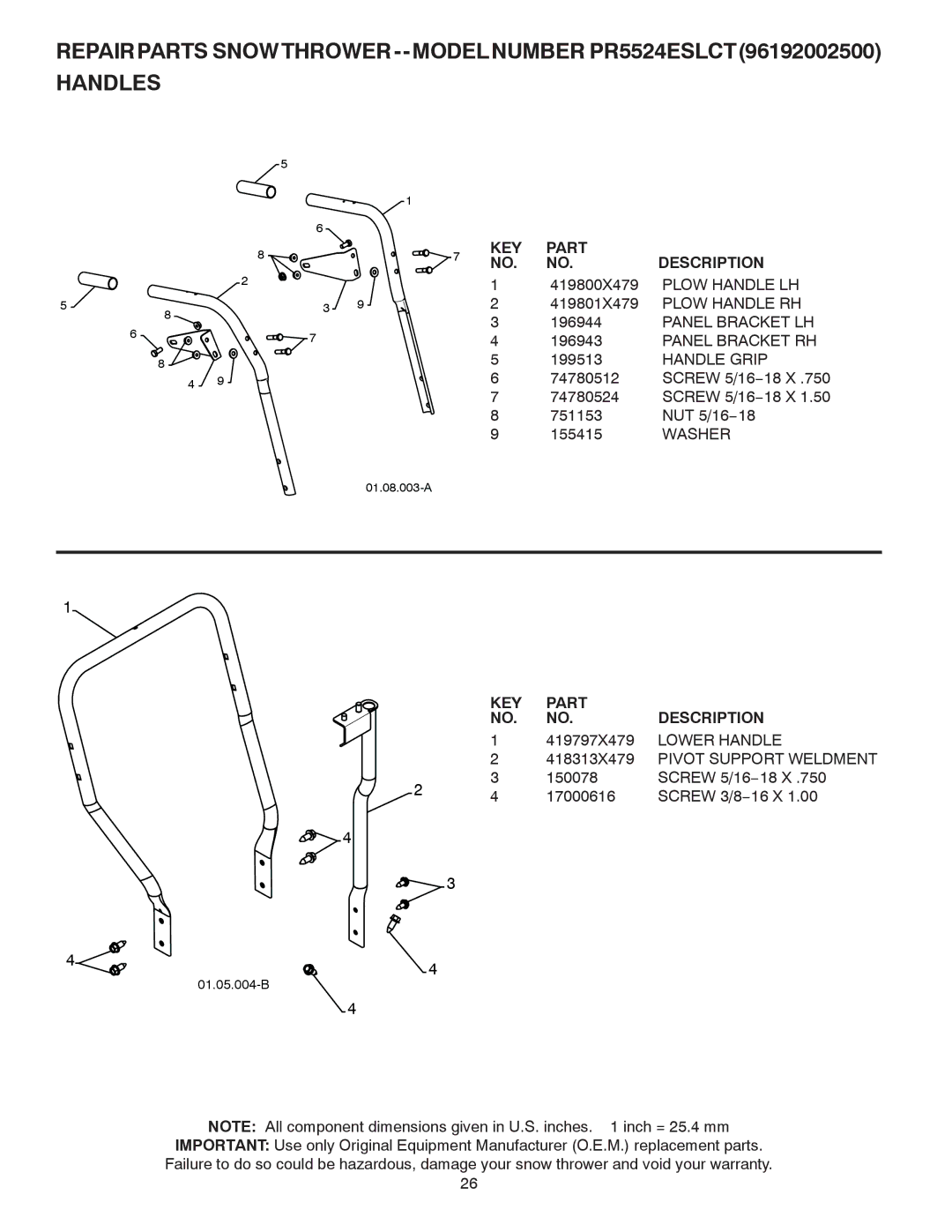 Poulan 424003 owner manual Panel Bracket LH Panel Bracket RH, Handle Grip, Lower Handle, Pivot Support Weldment 