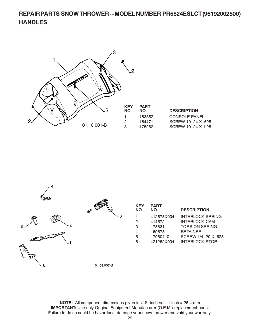 Poulan 424003 owner manual Console Panel, Interlock Spring, Interlock CAM, Torsion Spring, Interlock Stop 