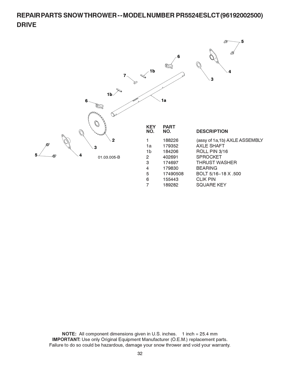 Poulan 424003 owner manual Axle Shaft, Roll PIN 3/16, Sprocket, Clik PIN 