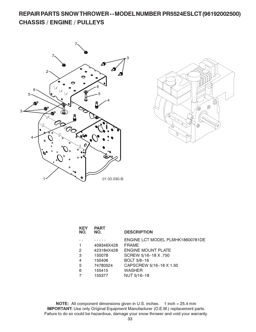 Poulan 424003 owner manual KEY Part Description Engine LCT Model PLMHK18600781DE, 423184X428 Engine Mount Plate 