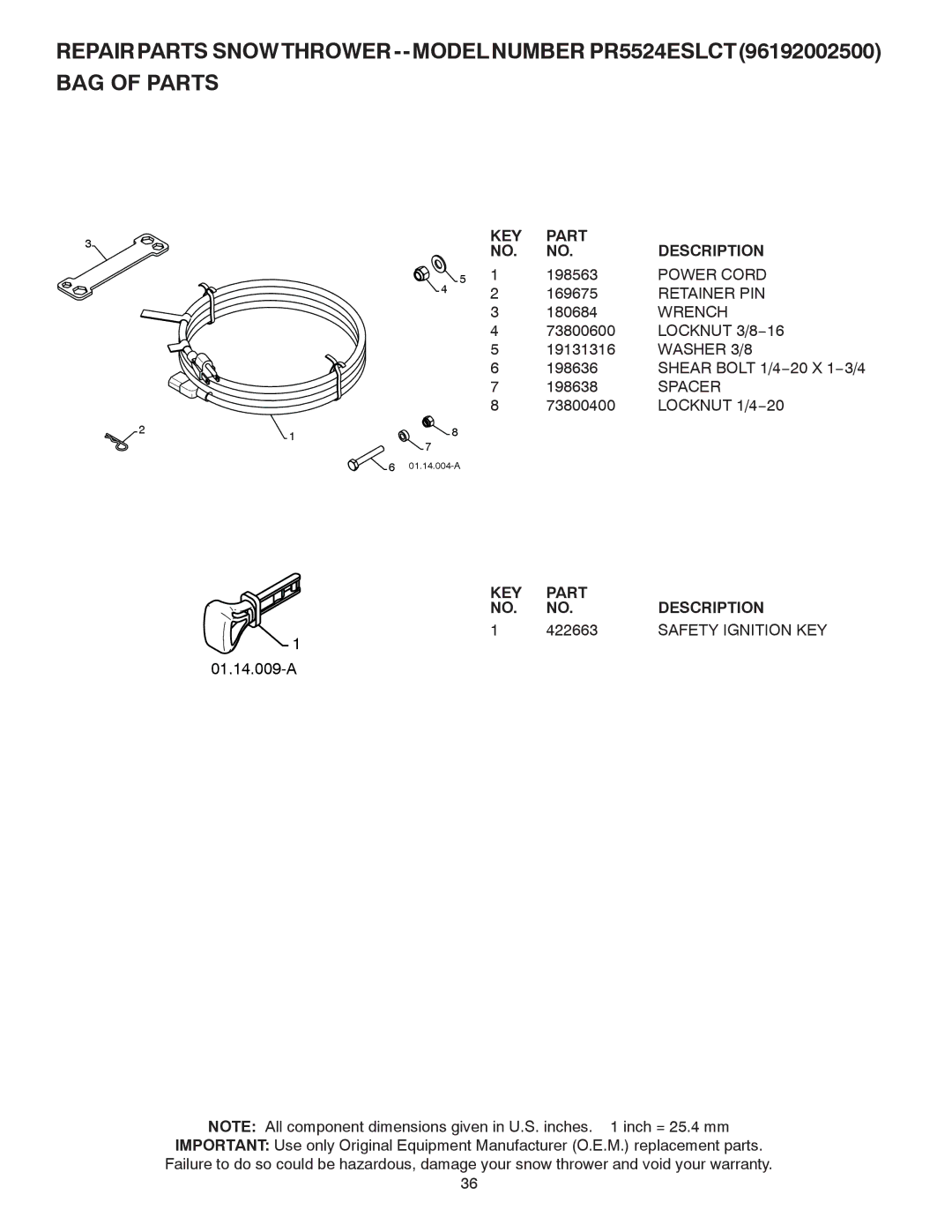 Poulan 424003 owner manual Power Cord, Retainer PIN, Wrench, 422663, Safety Ignition KEY 