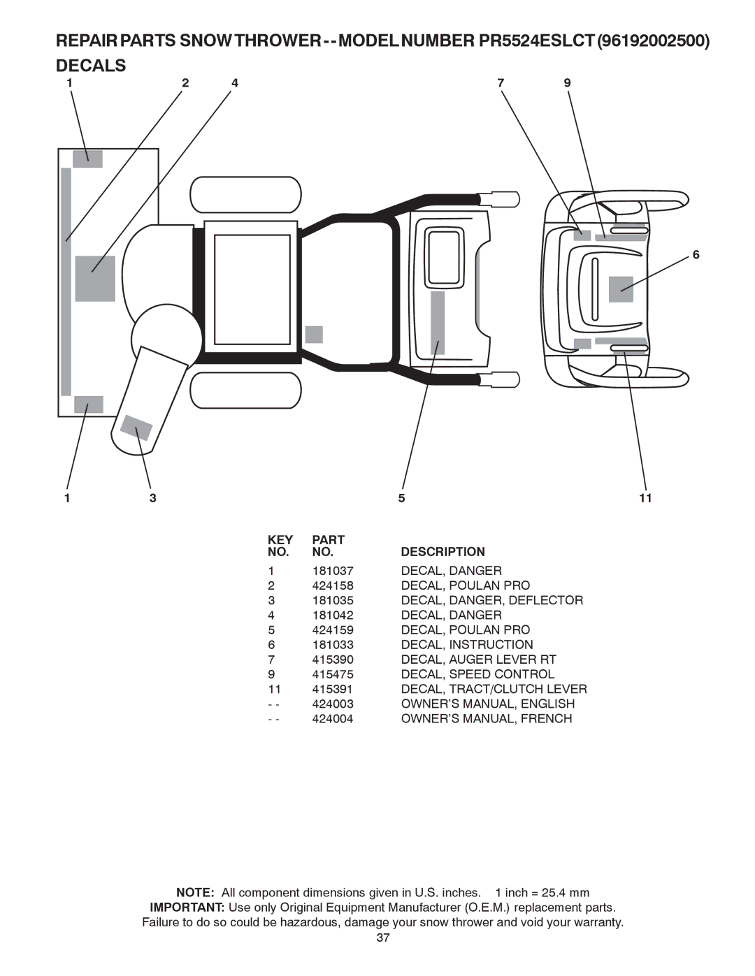 Poulan 424003 DECAL, Danger, DECAL, Poulan PRO, DECAL, DANGER, Deflector, DECAL, Instruction, DECAL, Auger Lever RT 